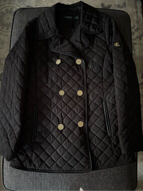 Ralph Lauren Black Quilted Double-Breasted Peacoat with Gold Buttons